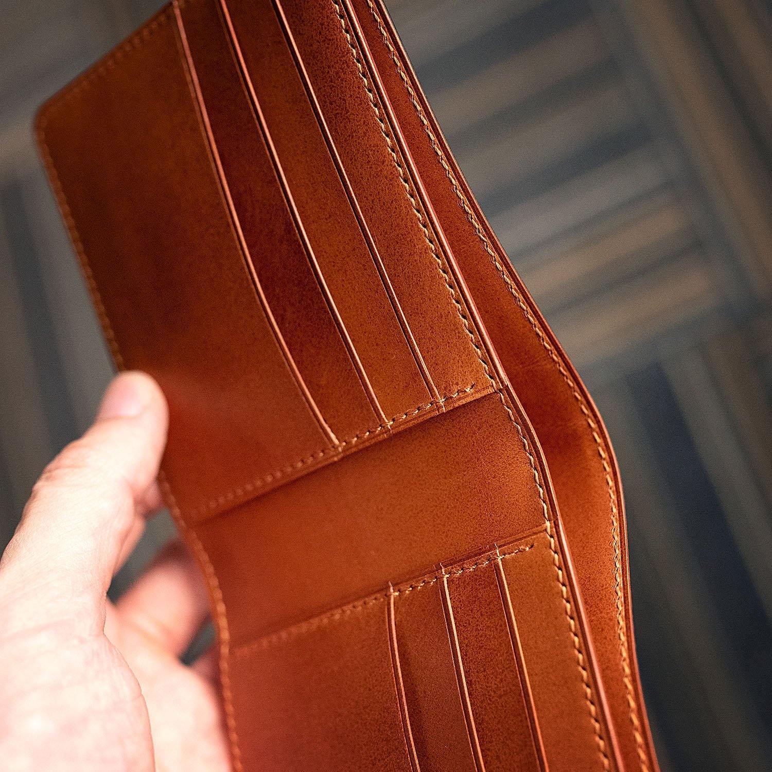 Handmade Brown Leather 8 Card Slot Bifold, Handcrafted EDC Bifold Wallet Italian Vegetable Tanned DOLLARO, Wax Pull Up, Made in Spain